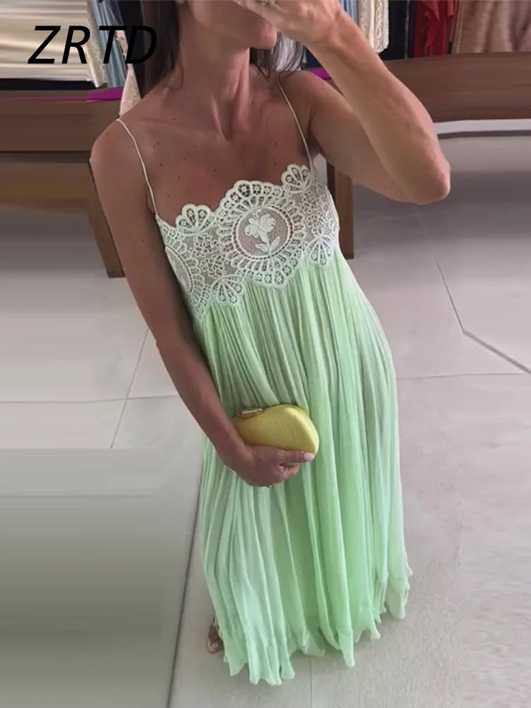 Beach Floral Lace Women's Summer Dress Sheer Hollow Out Pleated Long Spaghetti Strap Long Dresses 2026 Lady Loose Green Sundress