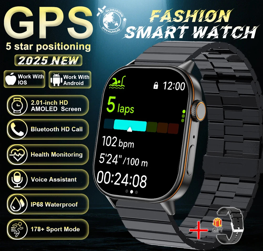 Outdoor GPS Smart Watch for Men, 2.01" AMOLED, Compass, 178+ Sports Modes