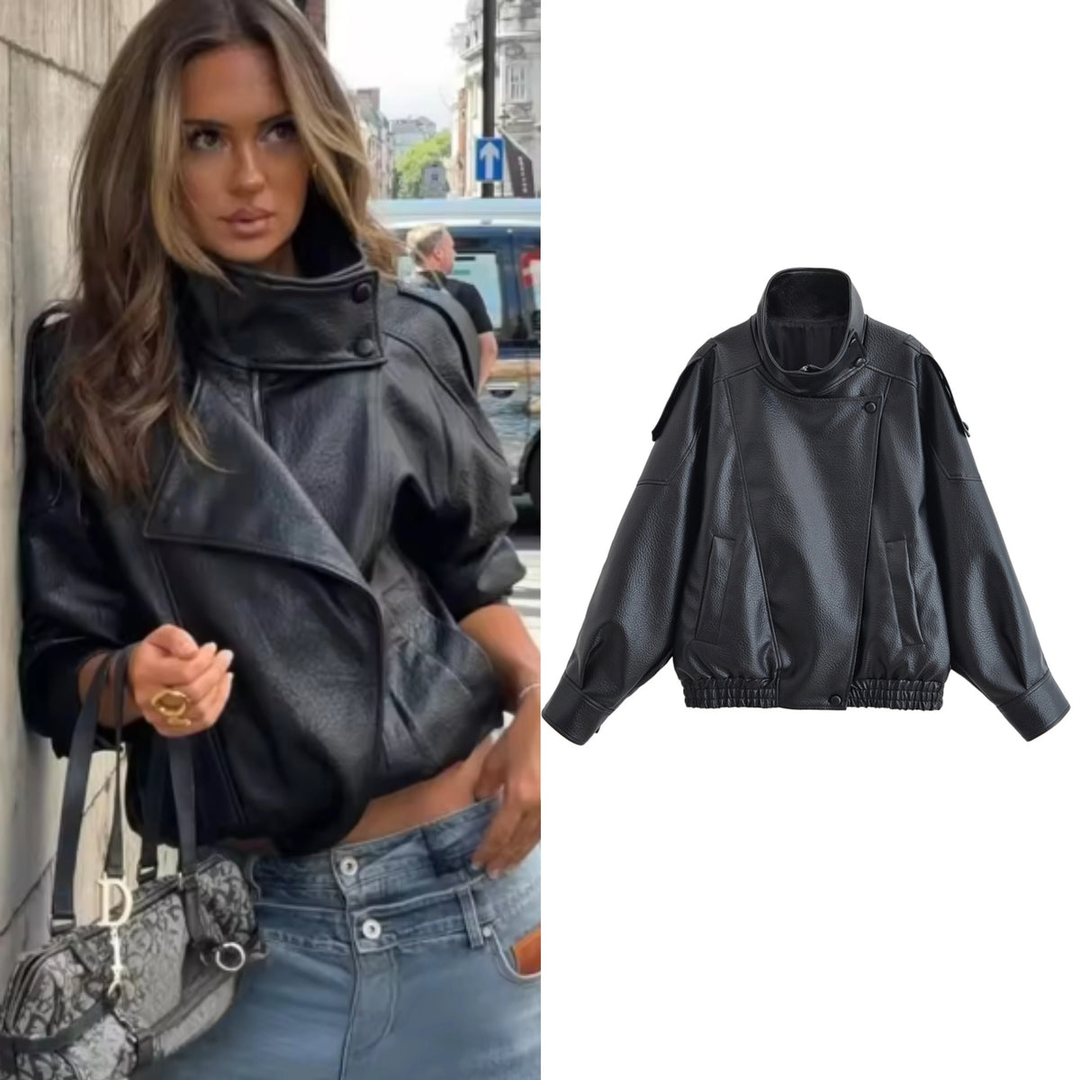 Women's Black Faux Leather Moto Jacket – Pebble Texture Long Sleeve Biker Jacket
