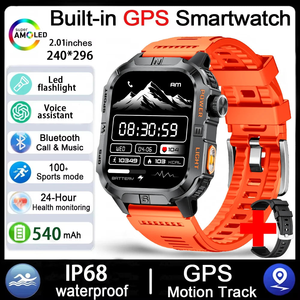 Rugged Outdoor Smart Watch for Men, 2.01" Display, GPS, Compass, LED Flashlight, IP68