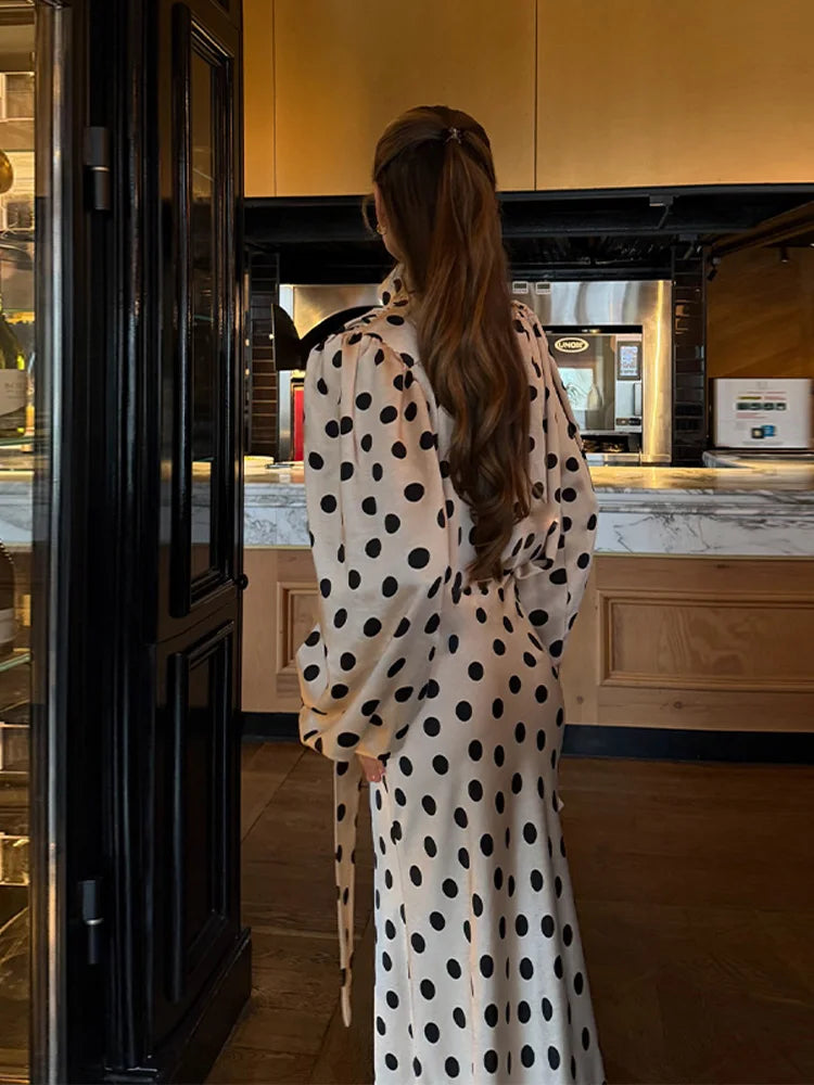 Sexy Polka Dot Satin Women Top Skirt Suit Party V-Neck Tie Neck Shirt High Waist Skirts 2026 Spring Summer Female 2 Pieces Set