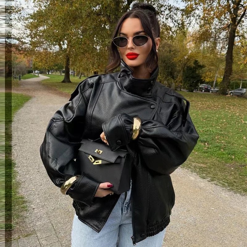 Women's Cropped Faux Leather Bomber Jacket – Oversized Zip-Up Black Jacket