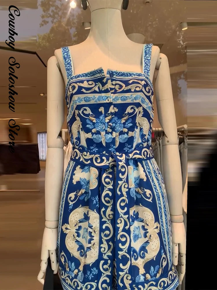 Vintage Printed Women's Short Jumpsuit Square Neck Sleeveless Waist Cinching Lace Up Strap Jumpsuits New Causal Beach Clothes