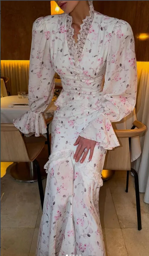 Floral Print Mermaid Skirt Set Women V-Neck Long Flare Sleeve Top Waist Cinched Ruffle Hem Maxi Skirts 2026 Chic Party Lady Suit