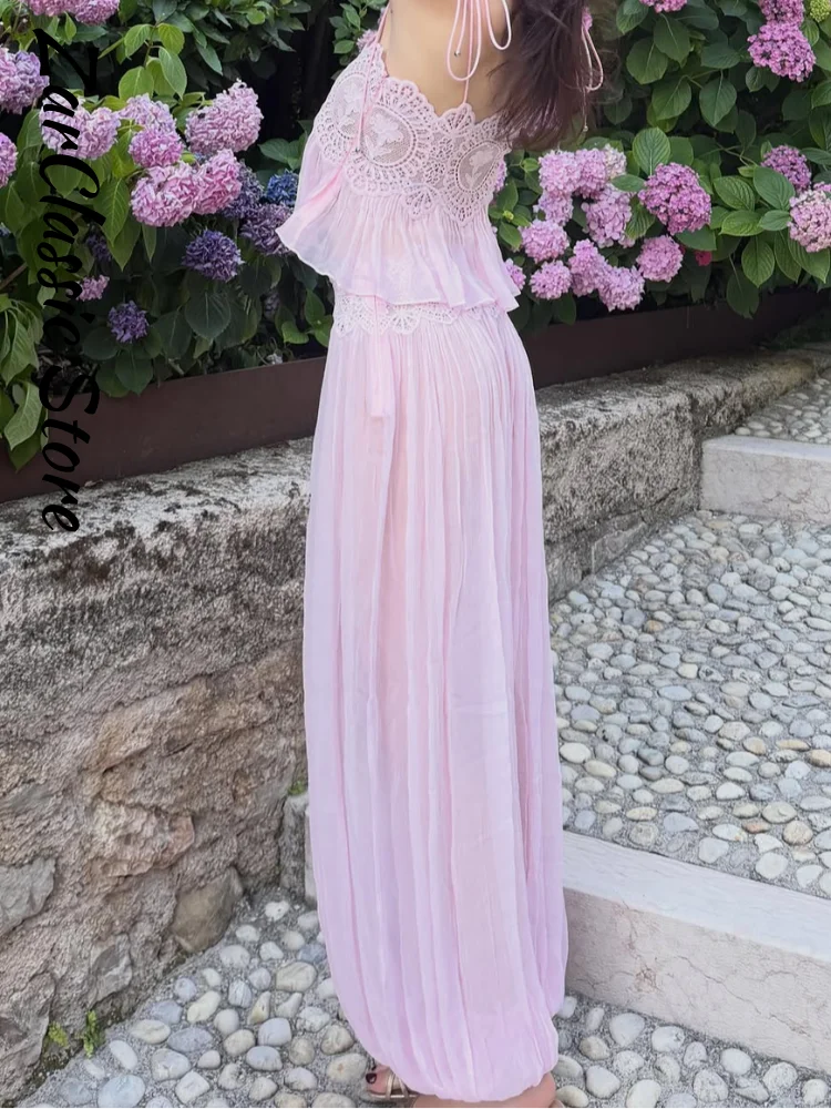 Beach Pink Lace Spliced Women's Set Summer See Through Strap Tank Top Pleated Lantern Pants Sets Lady New Casual Vacation Outfit