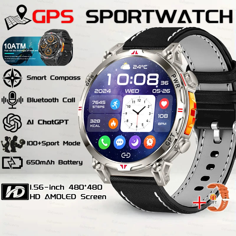 Outdoor GPS Sports Smart Watch for Men, 1.56" AMOLED, Compass, 10ATM Water Resistant