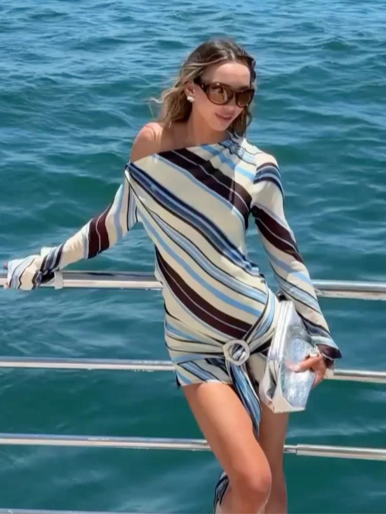 Women Rainbow Diagonal Stripe Maxi Dress One Shoulder Strap Slim Bodycon High Slit Knit Vestido Summer Beach Vacation Outfit