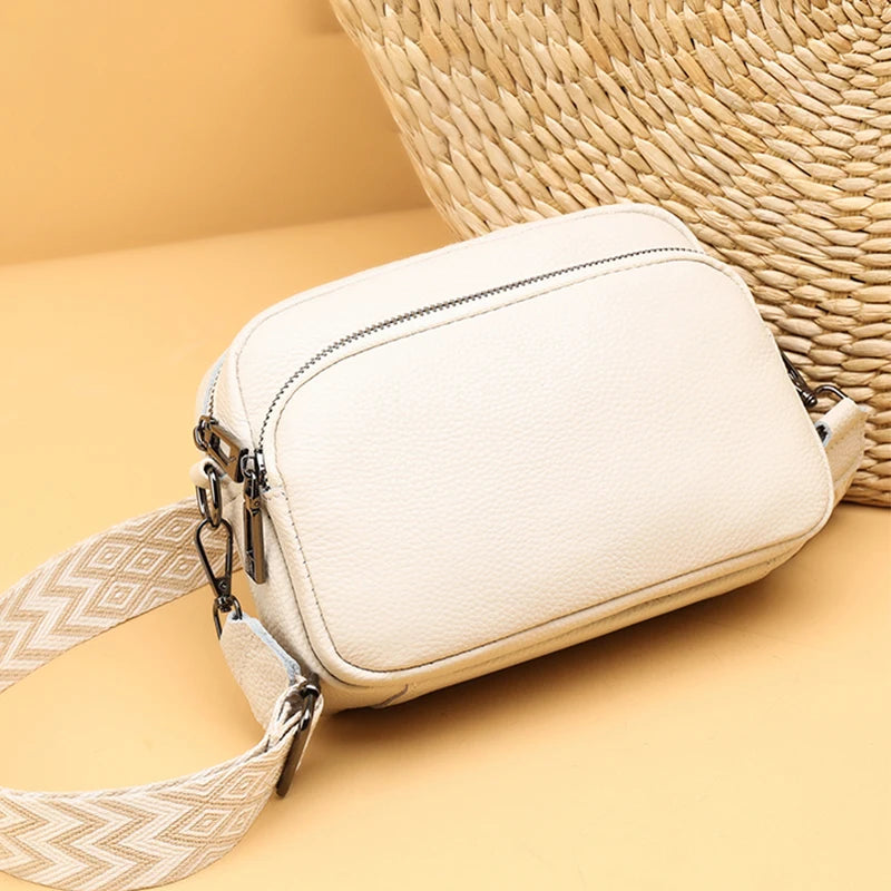 Genuine Leather Crossbody Bag – Soft Cowhide Messenger Bag with Wide Strap