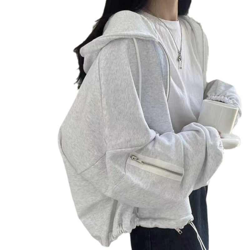 Women's Large Pocket Zipper Design Loose Drawstring Hoodie Coat - image 2