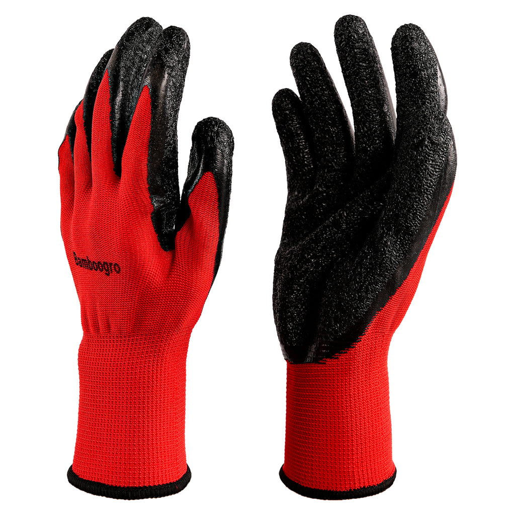 Red latex-coated crinkle grip work gloves