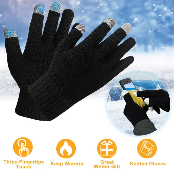 Unisex black touchscreen winter gloves, full-finger knit
